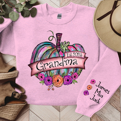 Lofaris Personalized Grandma Est Painted Pumpkin with florals And Grandkids CL01 Sweatshirt