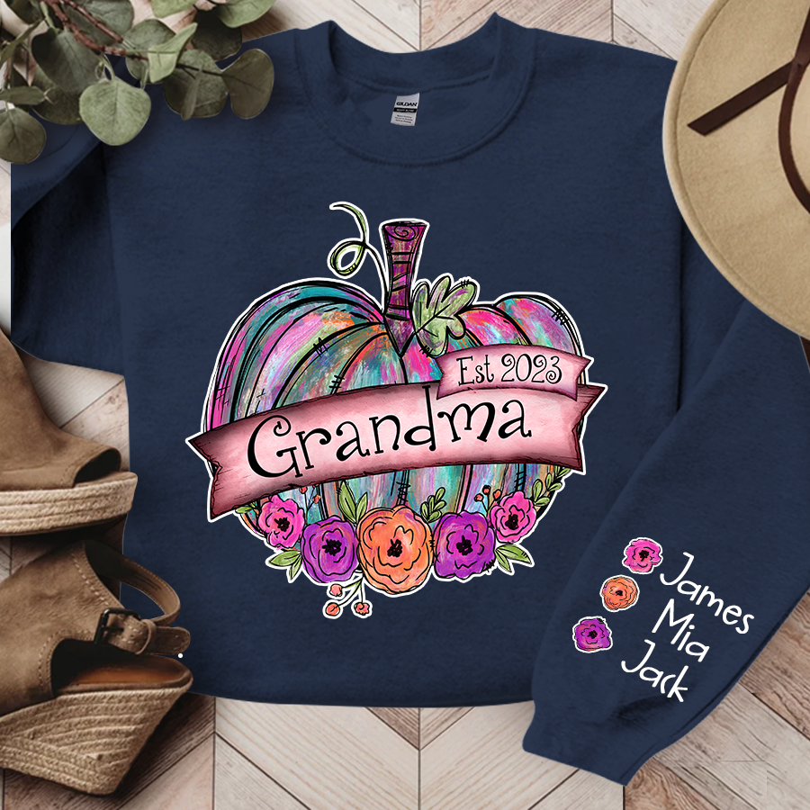 Lofaris Personalized Grandma Est Painted Pumpkin with florals And Grandkids CL01 Sweatshirt