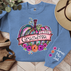 Lofaris Personalized Grandma Est Painted Pumpkin with florals And Grandkids CL01 Sweatshirt
