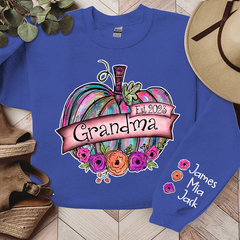Lofaris Personalized Grandma Est Painted Pumpkin with florals And Grandkids CL01 Sweatshirt