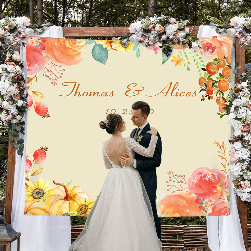 Lofaris Personalized Fall Pumpkin Floral Wedding Backdrop
