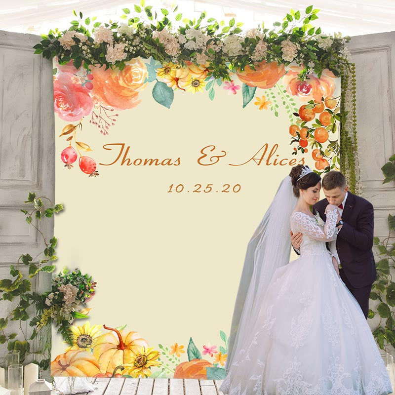 Lofaris Personalized Fall Pumpkin Floral Wedding Backdrop
