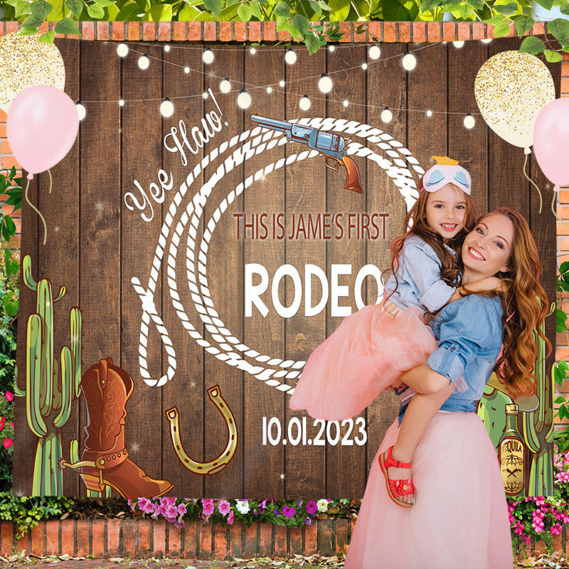 Lofaris Personalized First Redeo Brown Wood Birthday Backdrop