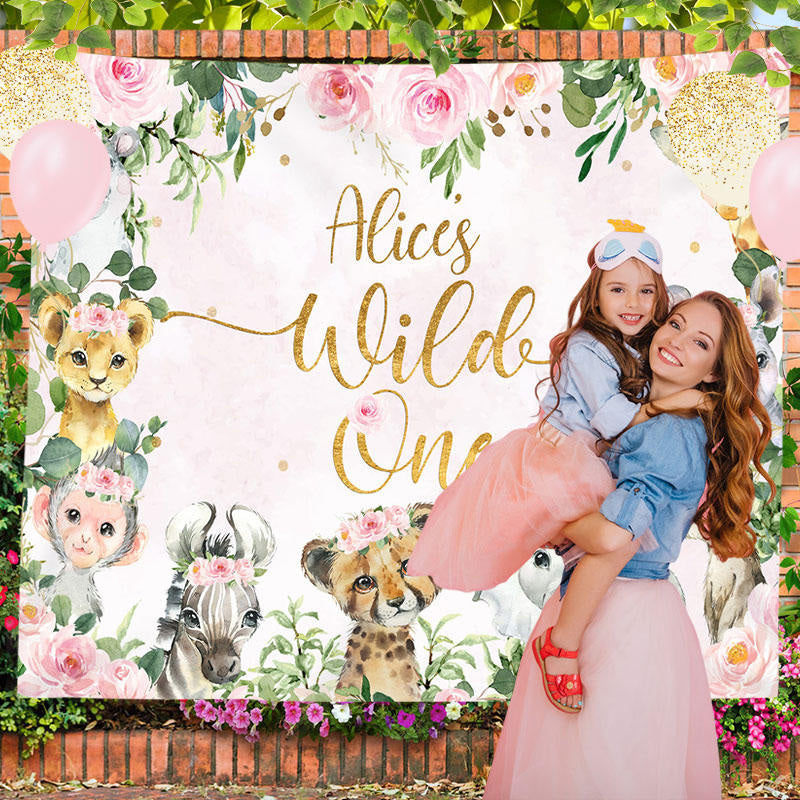 Lofaris Personalized Floral Animals Safari 1st Birthday Backdrop