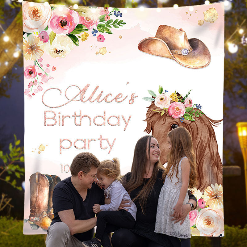 Lofaris Personalized Floral Cowgirl Pink Birthday Backdrop