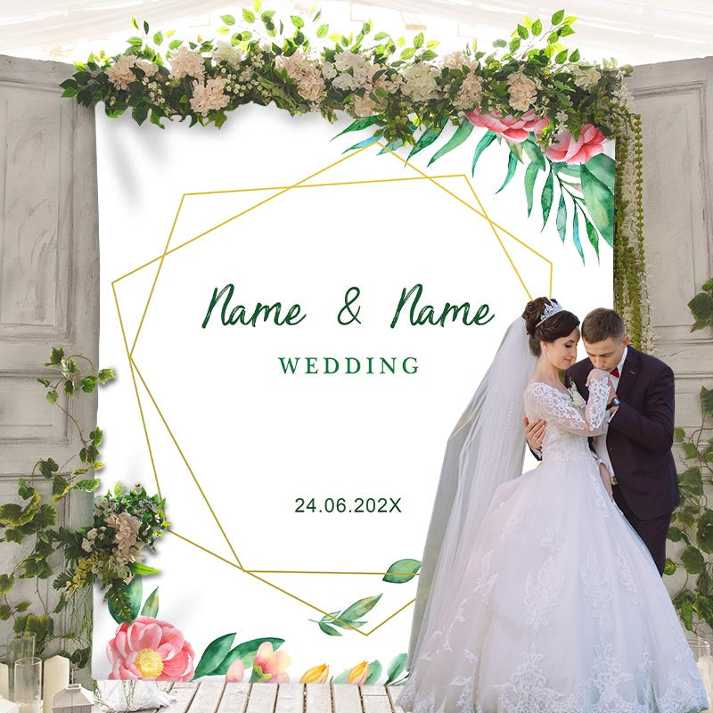 Lofaris Personalized Flower Gold Geometric Wedding Backdrop