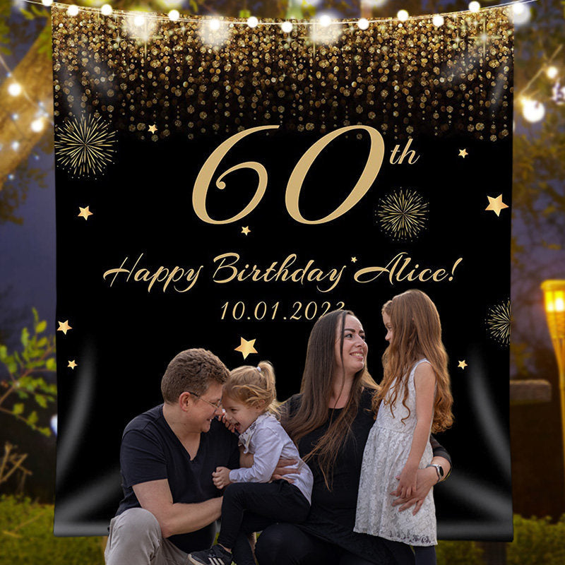 Lofaris Personalized Glitter Gold Black Birthday Banner