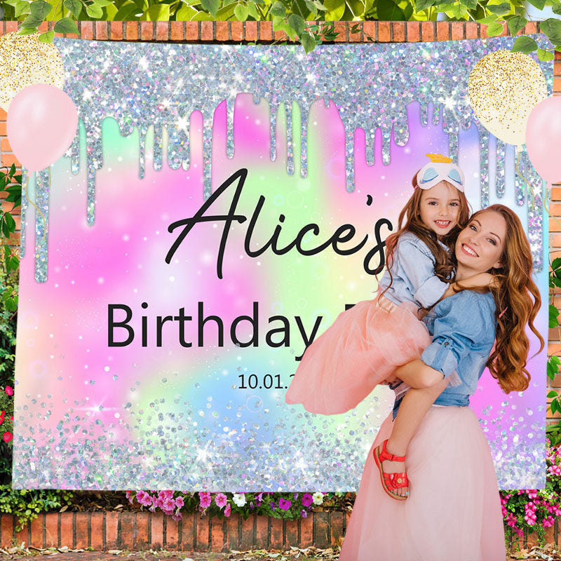 Lofaris Personalized Glitter Rainbow Bokeh Birthday Backdrop