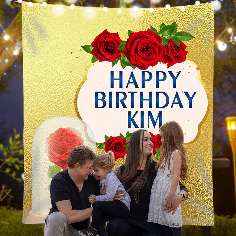Lofaris Personalized Gold Foil Red Rose Birtthday Backdrop