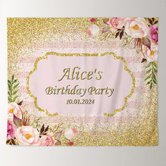 Lofaris Personalized Gold Glitter Floral Birthday Backdrop