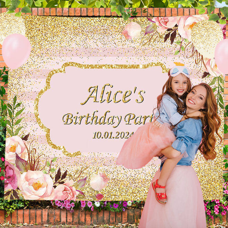 Lofaris Personalized Gold Glitter Floral Birthday Backdrop