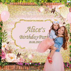 Lofaris Personalized Gold Glitter Floral Birthday Backdrop