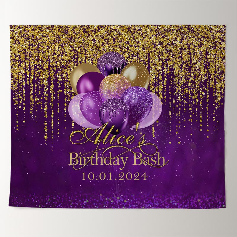 Lofaris Personalized Gold Glitter Purple Birthday Backdrop