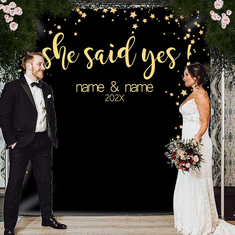 Lofaris Personalized Gold She Said Yes Black Wedding Backdrop