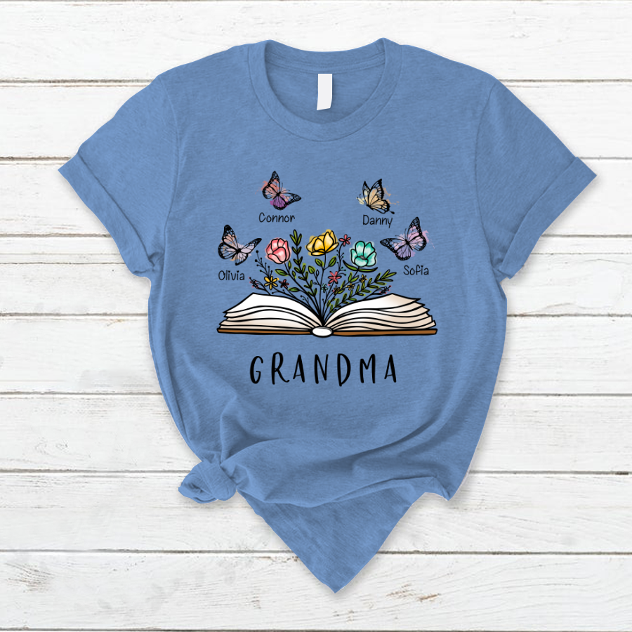 Lofaris Personalized Grandma Floral Book Butterfly T-Shirt