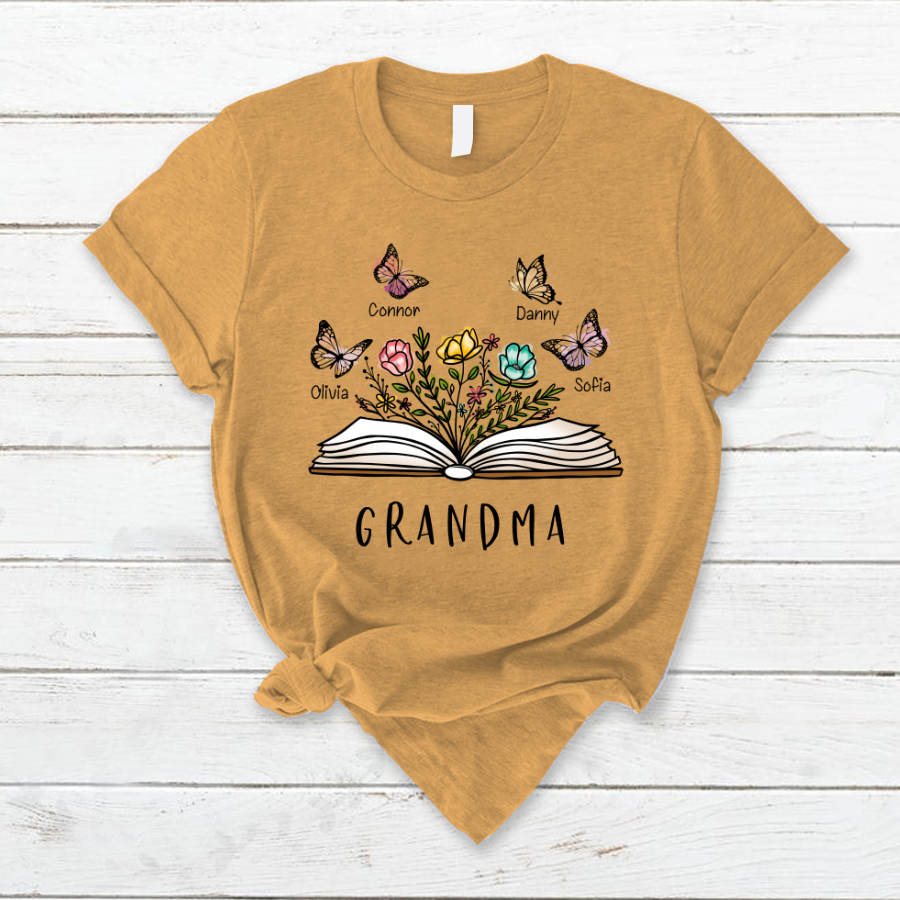 Lofaris Personalized Grandma Floral Book Butterfly T-Shirt