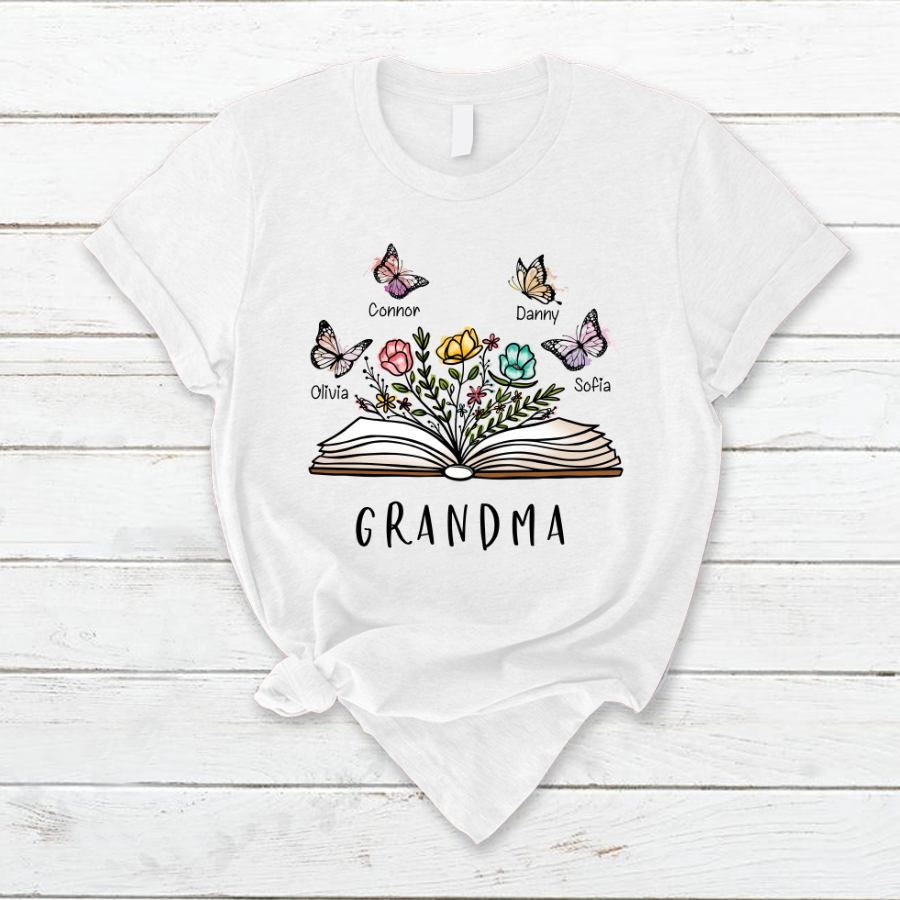 Lofaris Personalized Grandma Floral Book Butterfly T-Shirt