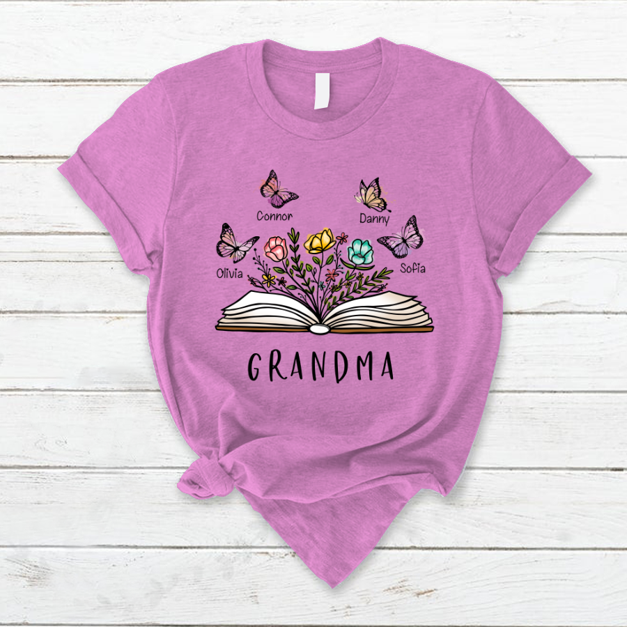 Lofaris Personalized Grandma Floral Book Butterfly T-Shirt