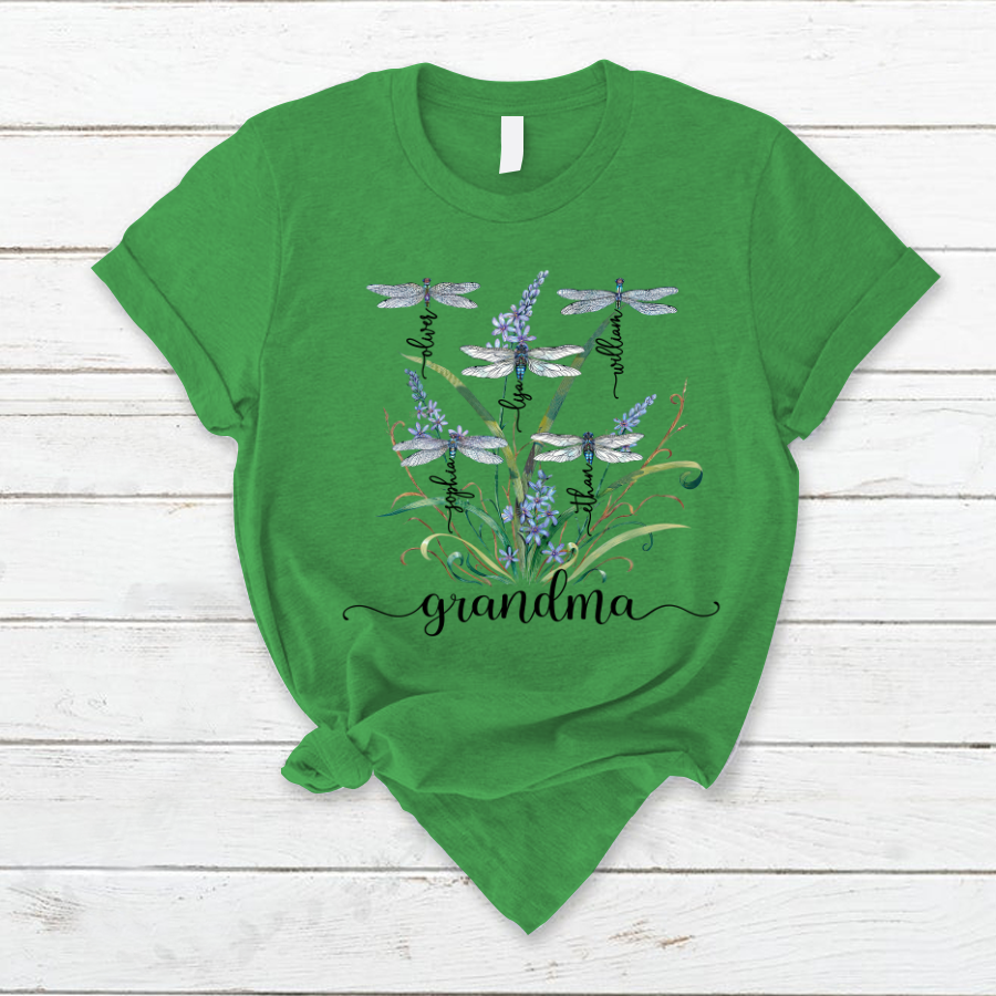 Lofaris Personalized Grandma Kids Flower Dragonfly T-Shirt