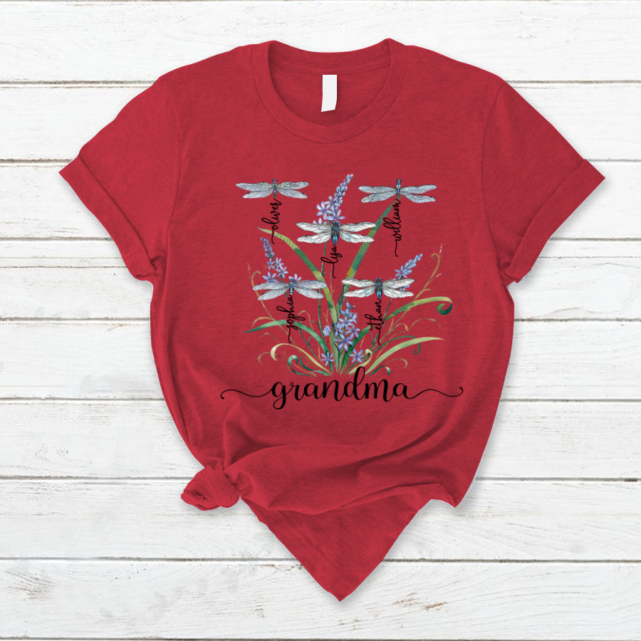 Lofaris Personalized Grandma Kids Flower Dragonfly T-Shirt