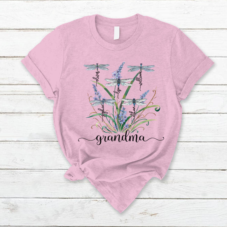 Lofaris Personalized Grandma Kids Flower Dragonfly T-Shirt