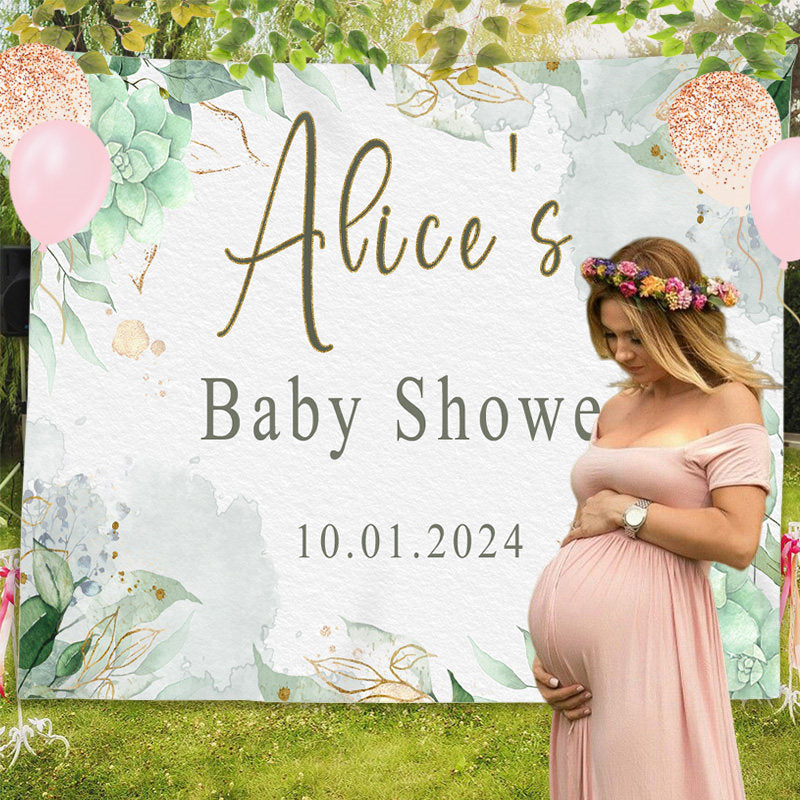 Lofaris Personalized Green Flower Leaves Baby Shower Backdrop