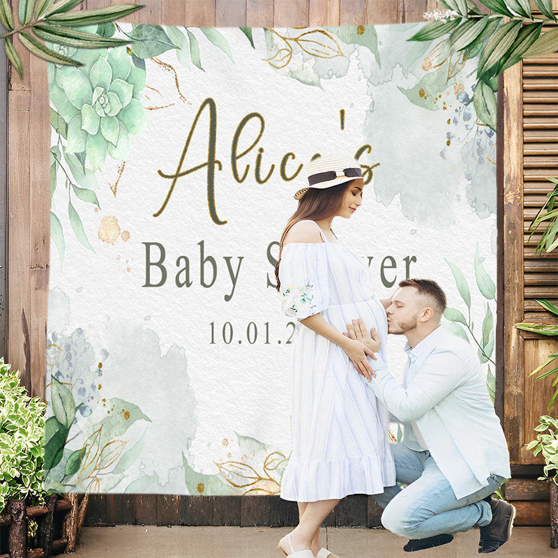 Lofaris Personalized Green Flower Leaves Baby Shower Backdrop