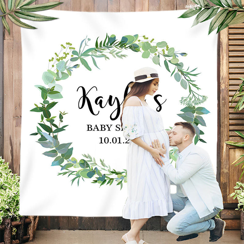 Lofaris Personalized Green Leaf Wreath Backdrop for Baby Shower