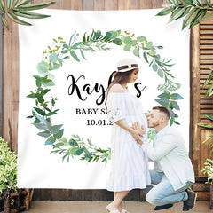 Lofaris Personalized Green Leaf Wreath Backdrop for Baby Shower