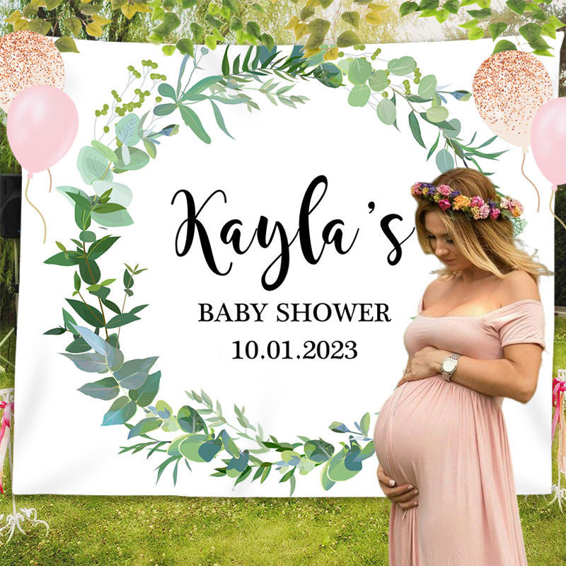 Lofaris Personalized Green Leaf Wreath Backdrop for Baby Shower