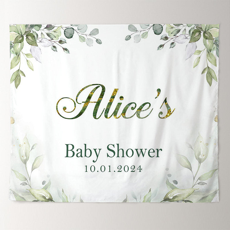 Lofaris Personalized Greenery Leaves White Baby Shower Backdrop