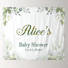 Lofaris Personalized Greenery Leaves White Baby Shower Backdrop
