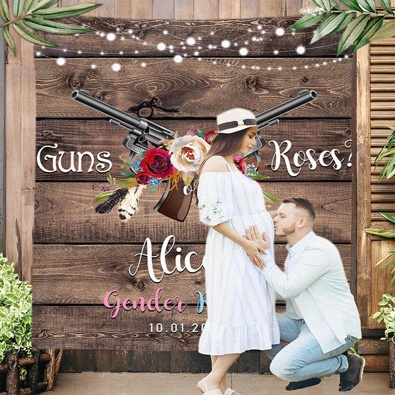 Lofaris Personalized Gun Or Rose Wood Gender Reveal Backdrop