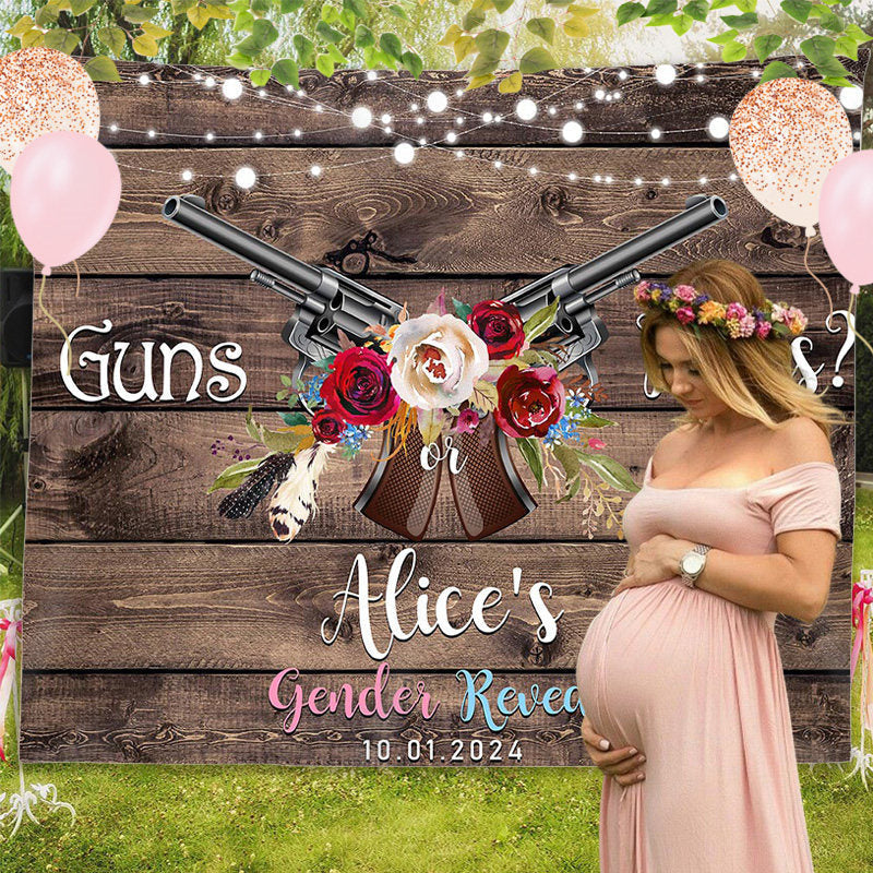 Lofaris Personalized Gun Or Rose Wood Gender Reveal Backdrop