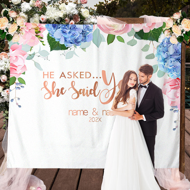 Lofaris Personalized He Asked She Said Yes Wedding Backdrop Banner