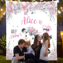 Lofaris Personalized Holy Cow Floral 1st Birthday Backdrop