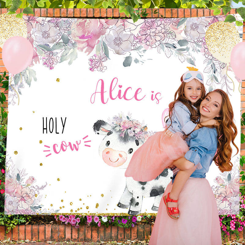 Lofaris Personalized Holy Cow Floral 1st Birthday Backdrop