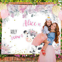 Lofaris Personalized Holy Cow Floral 1st Birthday Backdrop