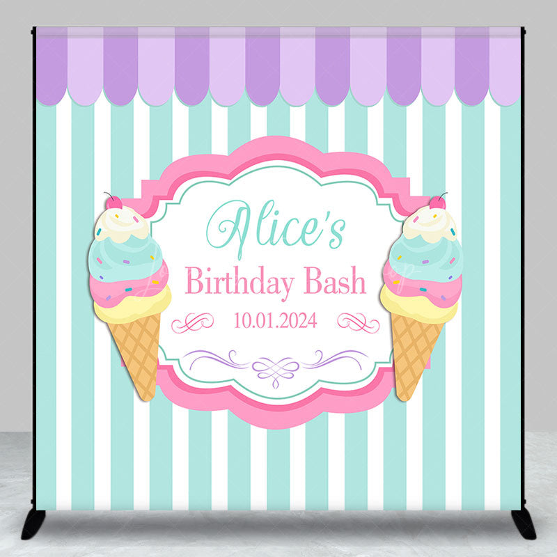 Lofaris Personalized Ice Cream Stripe Happy Birthday Backdrop
