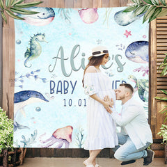 Lofaris Personalized Marine Animals Blue Baby Shower Backdrop