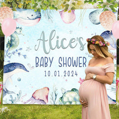 Lofaris Personalized Marine Animals Blue Baby Shower Backdrop