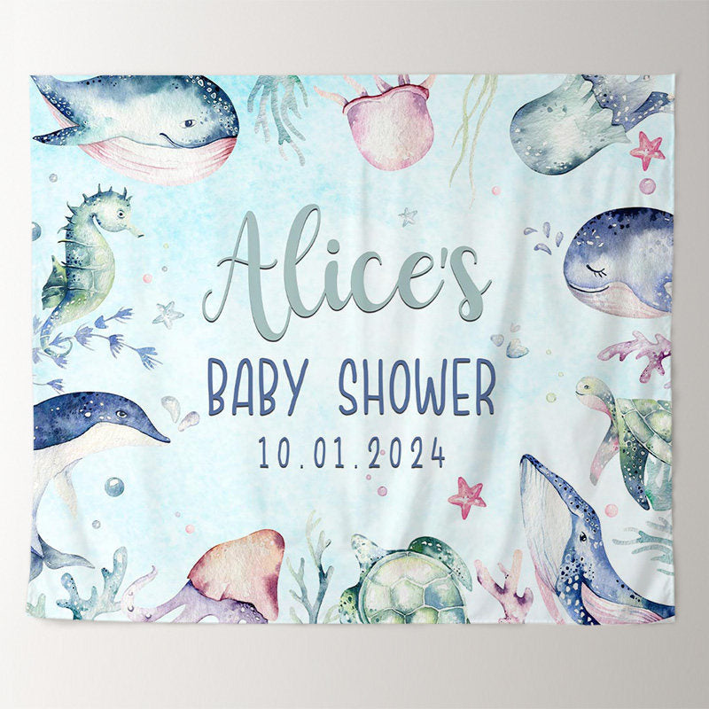 Lofaris Personalized Marine Animals Blue Baby Shower Backdrop