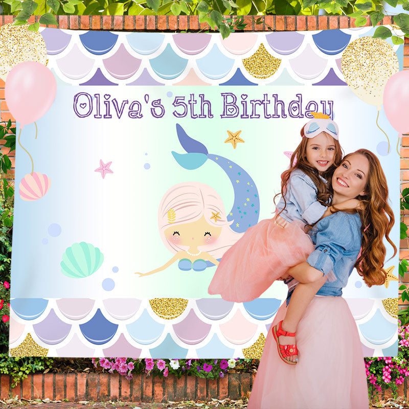 Lofaris Personalized Mermaid And Shell Birthday Backdrop Decor