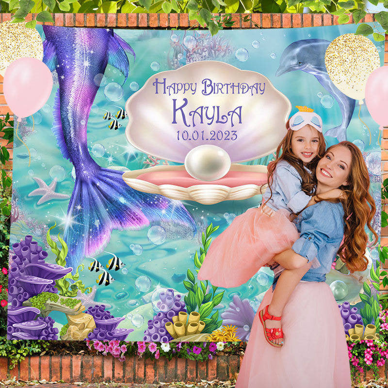 Lofaris Personalized Mermaid Happy Birthday Ocean Backdrop
