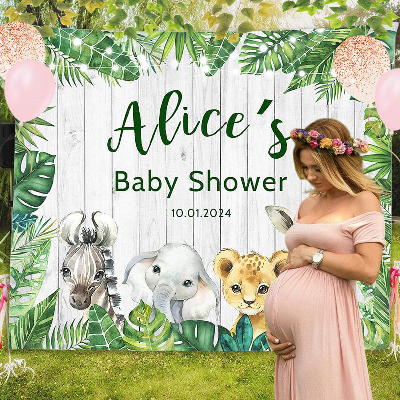 Lofaris Personalized Monstera Wood Safari Baby Shower Backdrop