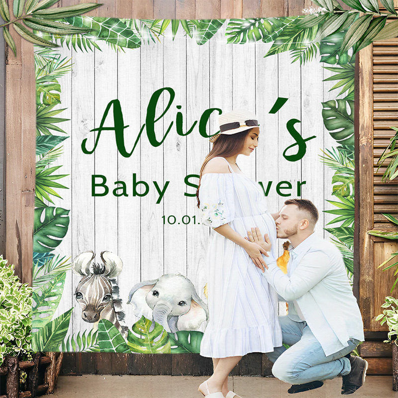 Lofaris Personalized Monstera Wood Safari Baby Shower Backdrop