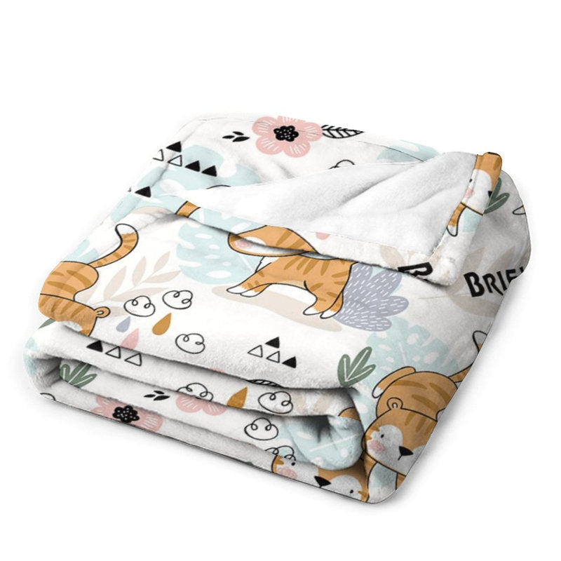 Lofaris Personalized Name Cute Cat Plant Patterns Blanket