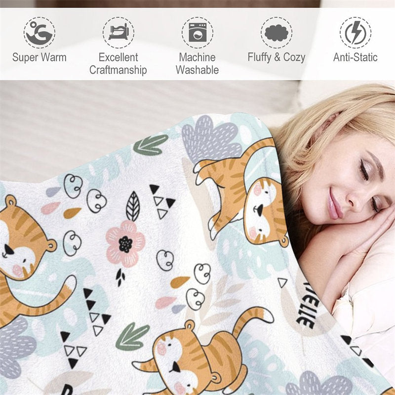 Lofaris Personalized Name Cute Cat Plant Patterns Blanket