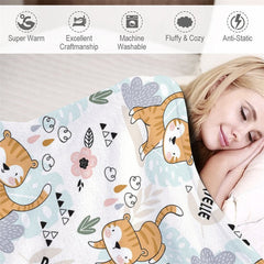 Lofaris Personalized Name Cute Cat Plant Patterns Blanket