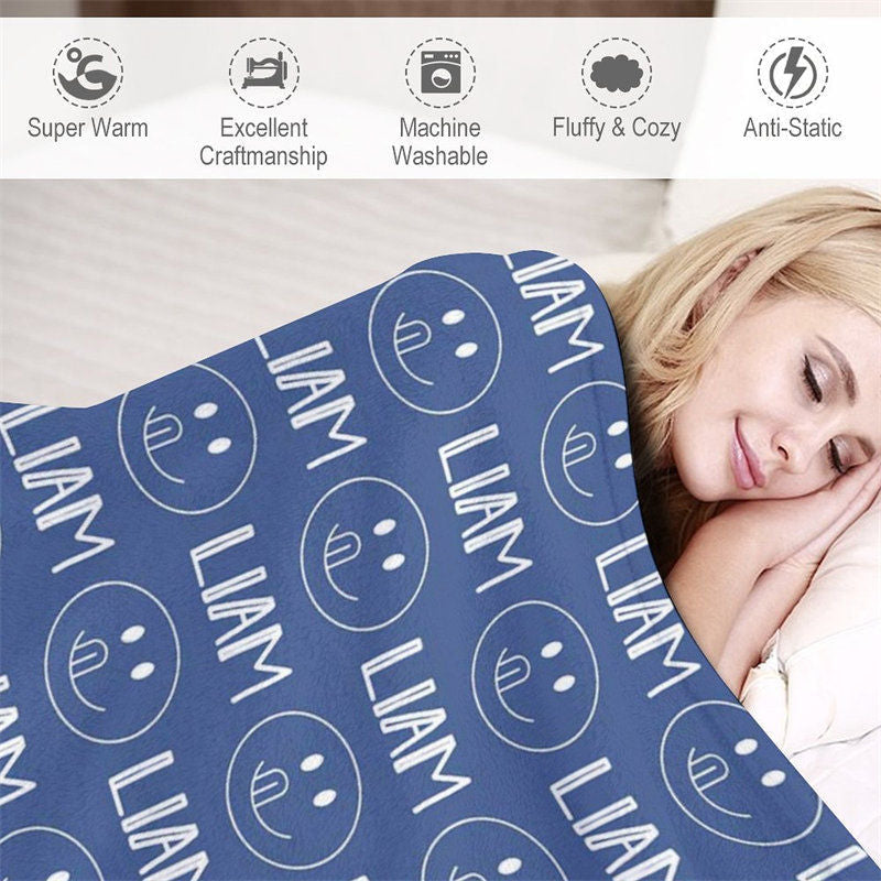 Lofaris Personalized Name Cute Smile Emoji Blue Blanket